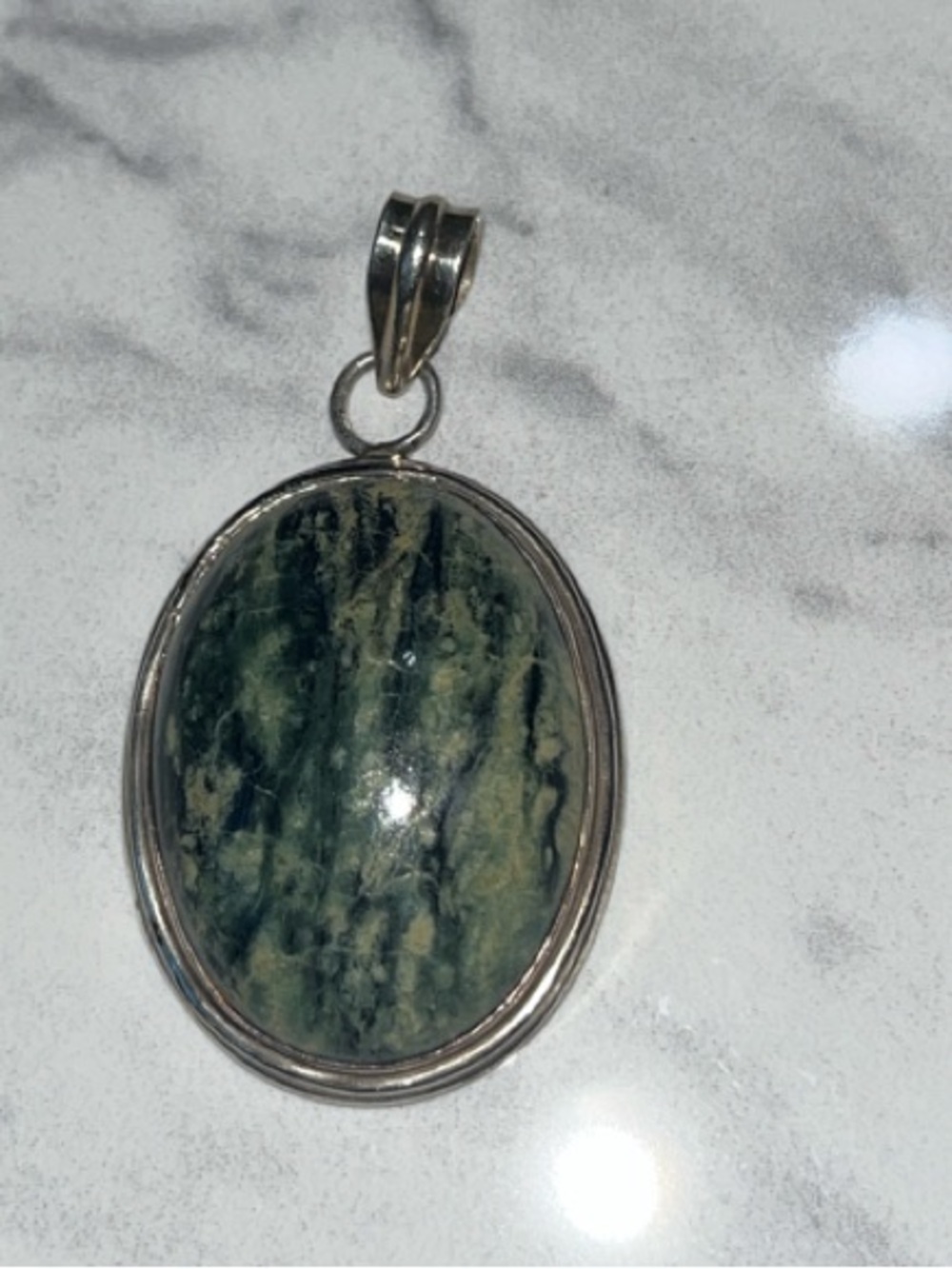 Green Stone Agate Oval Pendant on Sterling Silver - natural gemstone